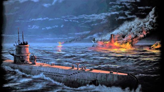 Hearts of Iron 4 achievements - Hearts of Iron 4 artwork showing a surfaced submarine and a sinking ship on fire