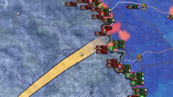 Hearts of Iron 4 No Step Back DLC AI improvements - HoI4 screenshot showing a long combat border and a big advance order arrow from it