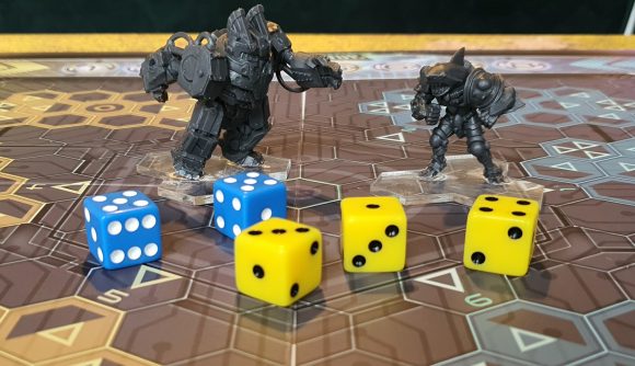 Mantic Games OverDrive review - Author's photo showing the minis for Brank Reborn and Karadon and some dice