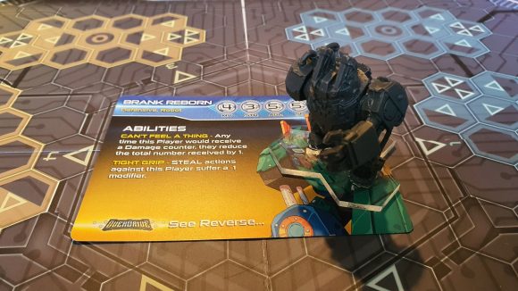 Mantic Games OverDrive review - Author's photo showing the card and mini for Brank Reborn