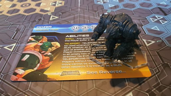Mantic Games OverDrive review - Author's photo showing the card and mini for Dozer