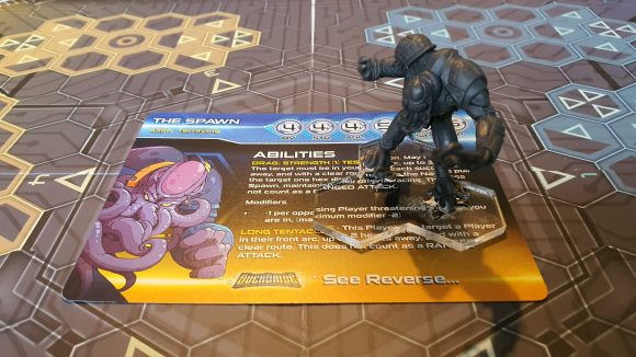 Mantic Games OverDrive review - Author's photo showing the card and mini for The Spawn