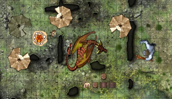 Roll20 battlemap showing a Dragon surrounded by a campsite