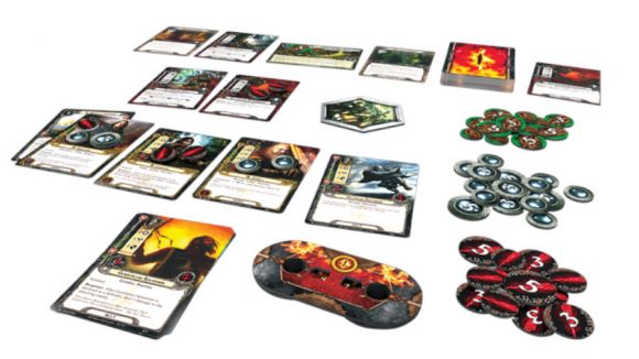 The Lord of the Rings: The Card Game cards and tokens laid out