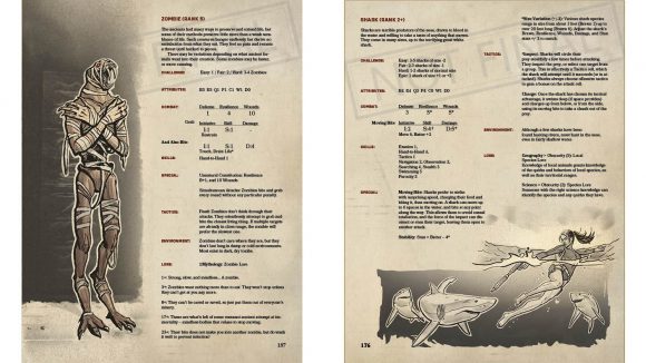 Tomb Raider RPG two enemy stat block page spreads