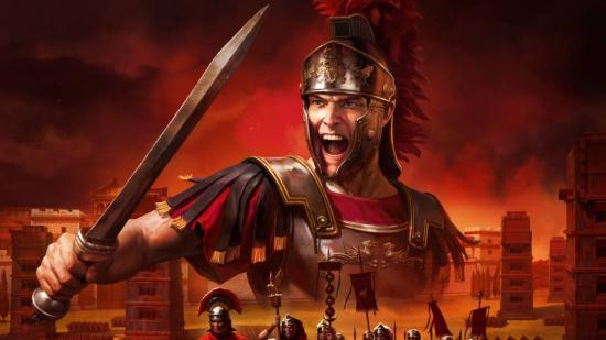Total War: Rome: The Board Game cover showing a Roman legionary holding a sword and shouting