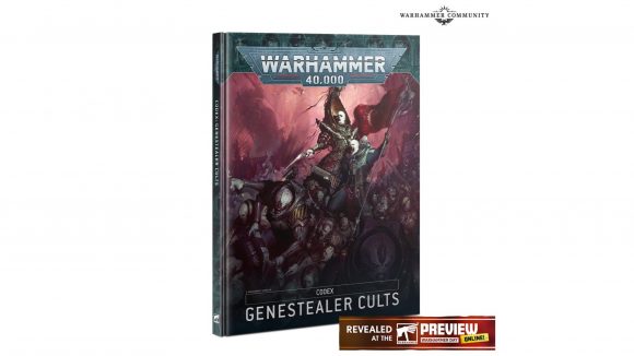 Warhammer 40k Adeptus Custodes and Genestealer Cults codexes coming with Shadow Throne battlebox - Warhammer Community photo showing the Genestealer Cults codex front cover art