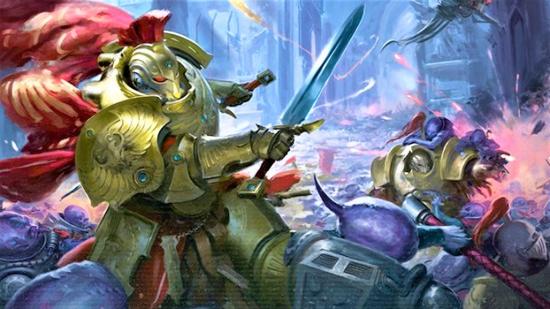 Warhammer 40k Adeptus Custodes and Genestealer Cults codexes coming with Shadow Throne battlebox - Warhammer Community artwork showing Custodes fighting Genestealer Cults