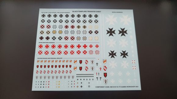 Warhammer 40k Black Templars Army Set review - author photo of the transfer sheet, close up