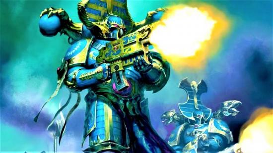 Warhammer 40k Thousand Sons army guide - Warhammer Community artwork showing a Rubric marine firing his bolter