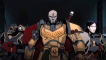 Warhammer Plus animations a Space Marine inquisitor walking with a cadre of soldiers