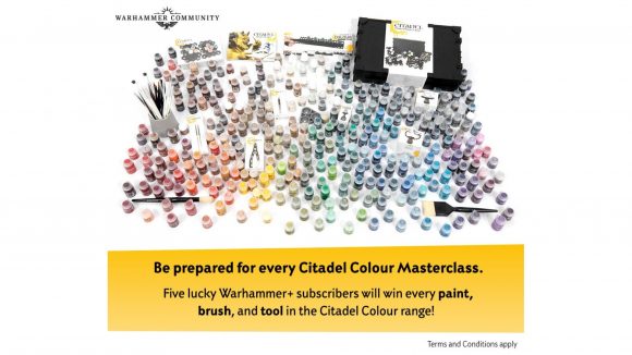 Warhammer Plus Citadel Masterclass paints giveaway - Warhammer Community photo showing the entire £1600 prize pool of citadel paints, brushes, and tools