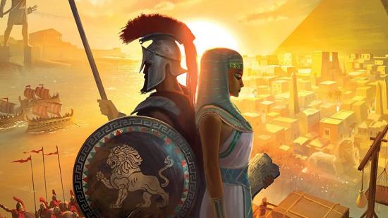 A Greek and Egyptian soldier stand back to back, overlooking a beautiful sunset scene. A pyramid and a river lie behind them. Taken from the box of 7 Wonders: Duel.