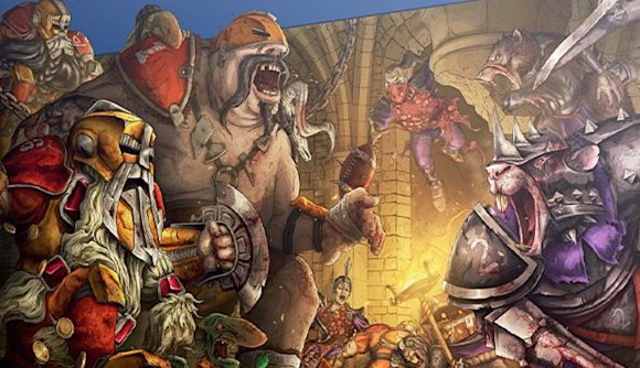 Blood Bowl Dungeon Bowl cover art showing Ogres, Dwarves, and Skaven battling