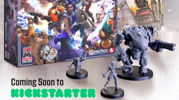 Borderlands board game Mister Torgue's Arena of Badassery release date - publisher kickstarter graphic showing the game's box art and miniatures