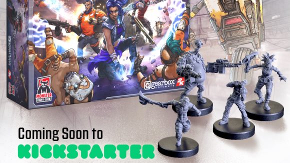 Borderlands board game Mister Torgue's Arena of Badassery release date - publisher Kickstarter graphic showing the game's box art, and three hero minis, including psychos