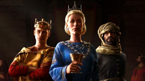 Crusader Kings 3 Royal Court release date three monarchs standing in a triangle, one holding goblet