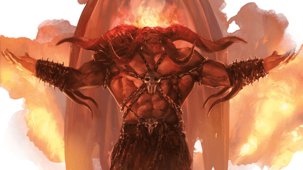 DnD Backgrounds 5E - Wizards of the Coast art of the demon Rakdos holding out his arms in a show of strength