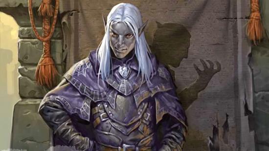 D&D Wizards of the Coast videogame a drow staring forward with his hand on a sword