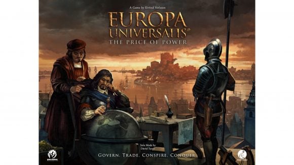 Europa Universalis: The Price of Power board game cover art showing a King sat with an advisor and a knight standing next to them