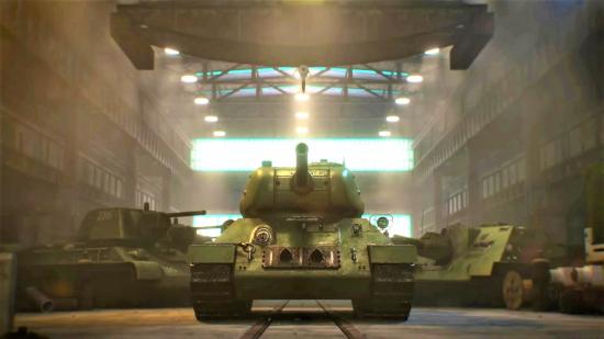 Hearts of Iron 4 No Step Back DLC review - HoI4 No Step Back promotional artwork showing a Soviet WWII tank in a hangar