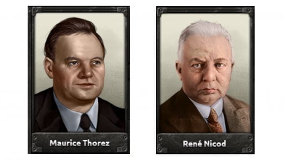 Hearts of Iron 4 update to French Communist focus tree leaders - in-game portraits of French Communist leaders Maurice Thorez and Rene Nicod