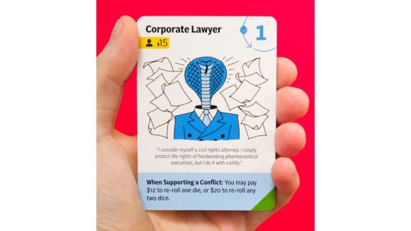 Marxist board game Class War: The Jacobin Board Game corporate lawyer card art