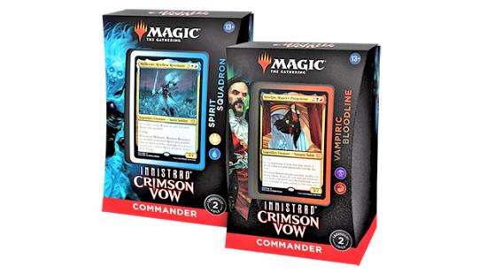 Magic: The Gathering Innistrad Crimson Vow Commander Decks - Wizards official photo showing pack art for the Commander Decks Vampiric Bloodline and Spirit Squadron