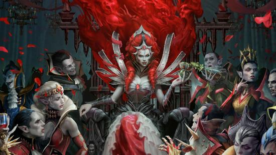 Magic: The Gathering Innistrad: Double Feature a vampire queen sitting on her throne surrounded by her court