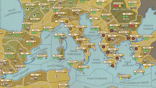 Rome: Total War board game map of the regions of Italy, Greece, and Carthage