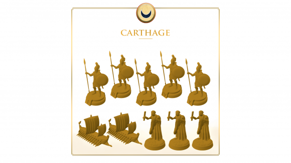 Total War: ROME: The Board Game miniatures reveal - PSC Games photo showing the 3D model minature designs for the game's Carthage faction