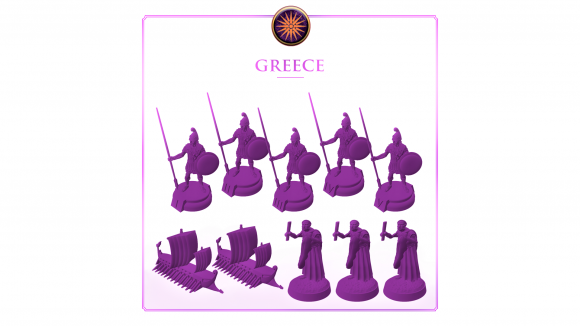Total War: ROME: The Board Game miniatures reveal - PSC Games photo showing the 3D model minature designs for the game's Greece faction