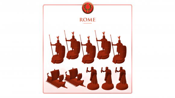 Total War: ROME: The Board Game miniatures reveal - PSC Games photo showing the 3D model minature designs for the game's Rome faction