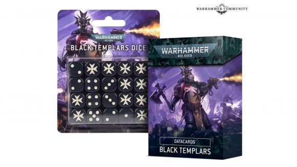 Warhammer 40k Black Templars codex and models pre-order release - Warhammer Community photo showing the new Black Templars dice and datacards