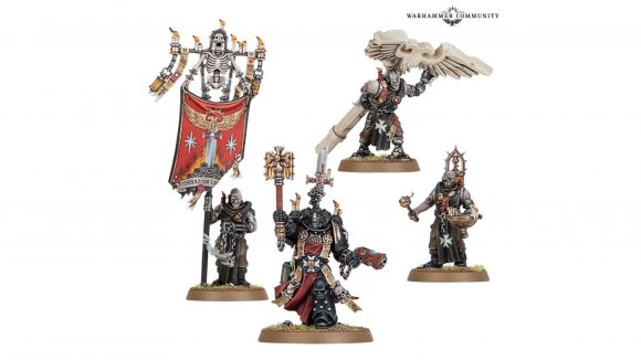 Warhammer 40k Black Templars codex and models pre-order release - Warhammer Community photo showing the new model for Chaplain Grimaldus and Cenobyte Servitors