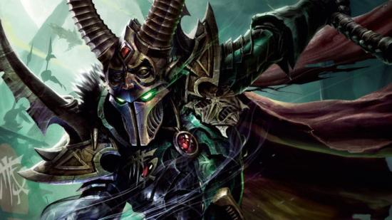 Warhammer 40k Drukhari army guide - Warhammer Community artwork showing a Drukhari archon's horded battle helmet