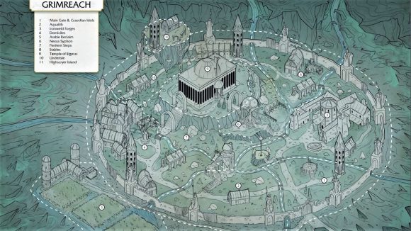 Warhammer Age of Sigmar Soulbound tabletop RPG free adventure Reap and Sow - Cubicle 7 artwork showing the map of the settlement Grimreach