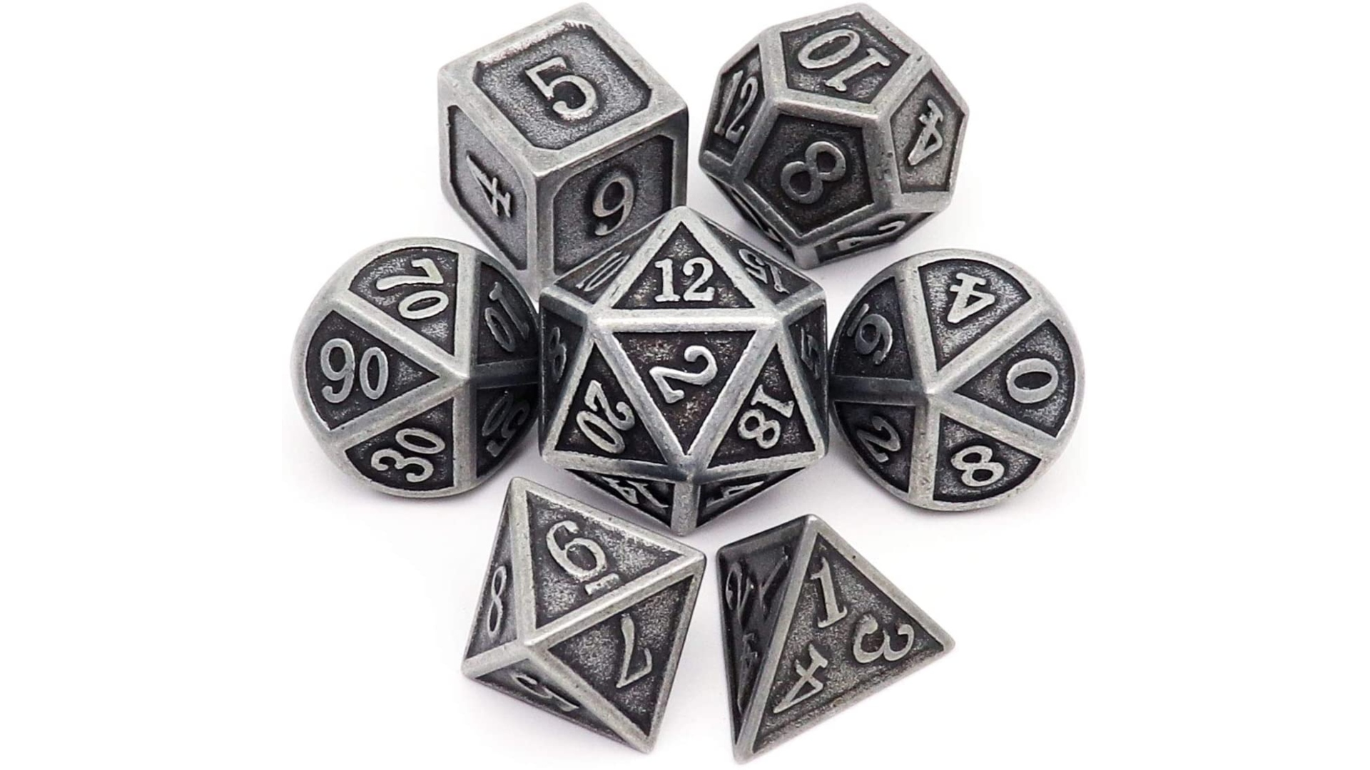 DnD gifts - An antique Dungeons and Dragons dice set. Every type of dice is present.