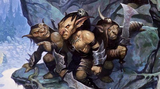 Dungeons and Dragons races a group of goblins on the side of a rockface