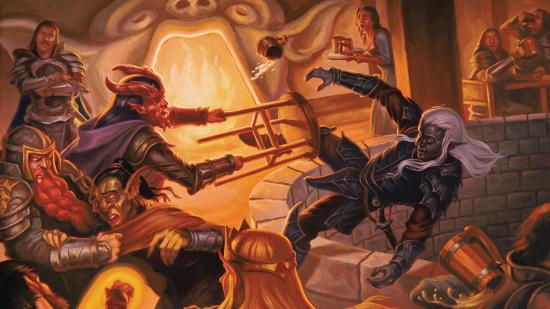 D&D Wizards errata removes race alignment and lore - Wizards of the Coast artwork showing characters of different races in a bar fight