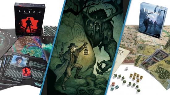 Wargamer and Free League tabletop RPG giveaway - split picture showing starter sets and artwork for Alien RPG, Vaesen, and Twilight 2000
