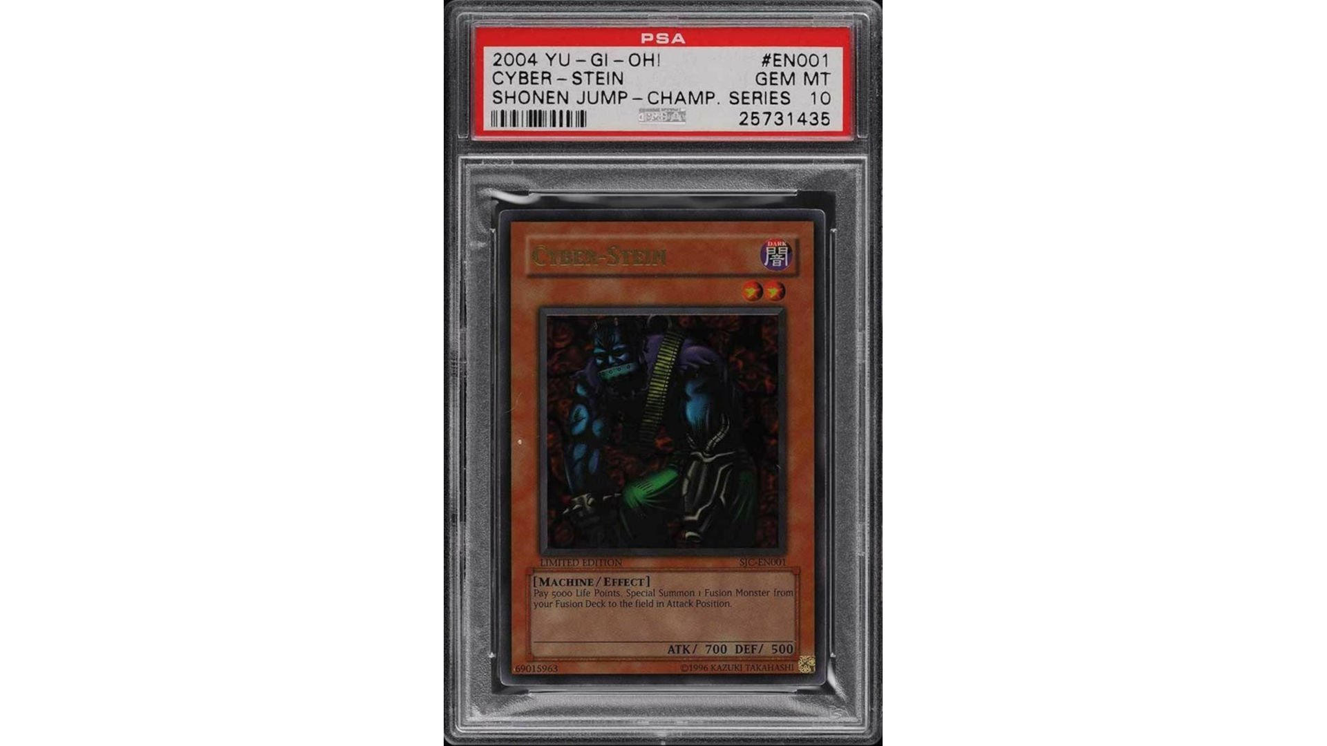 Most expensive Yugioh cards - photo of Cyber-Stein, a rare YuGiOh card, in a protective case