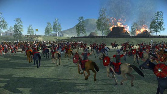 Total War: ROME: The Board Game a regiment of Roman cavalry charging across a field