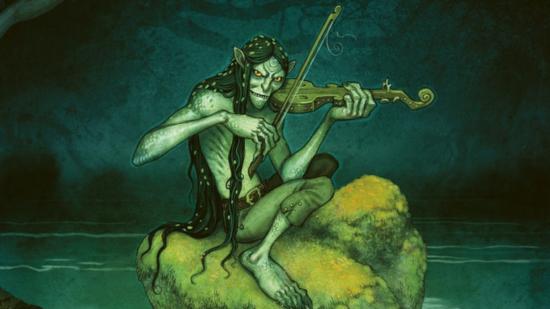 Vaesen RPG Mythic Britain and Ireland Kickstarter reveal ad monster perched on a rock while playing a violin