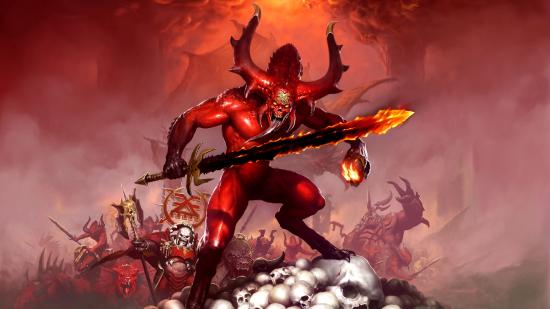Warhammer Age of Sigmar: Soulbound RPG a daemon of Khrone on top of a pile of skulls