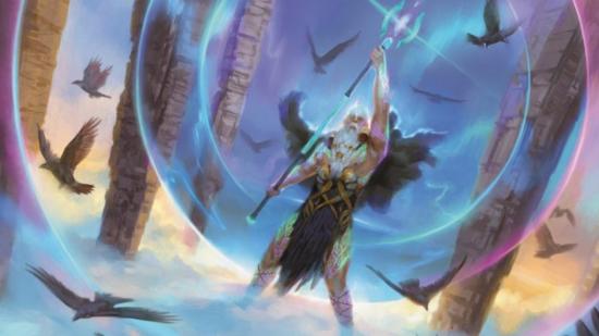 The card art from MTG's aldrund's epiphany card - a bearded man casting a spell while surrounded by ravens.
