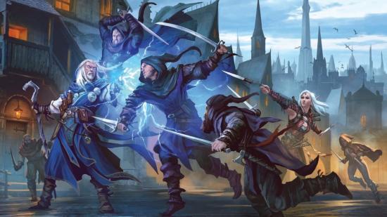 Pathfinder starter set humble bundle - Paizo artwork showing characters fighting in a fantasy street