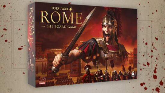 The Total War: ROME: The Board Game box art surrounded by bloodstains.