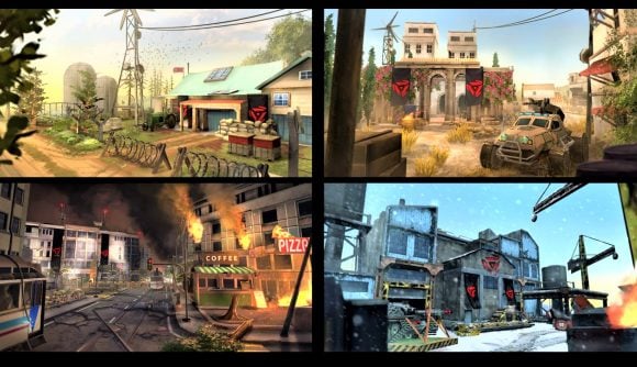 Siege Apocalypse mobile game getting started - Kixeye graphic showing four in-game environments