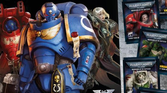 A warhammer 40k sticker album and packets of stickers featuring space marines.